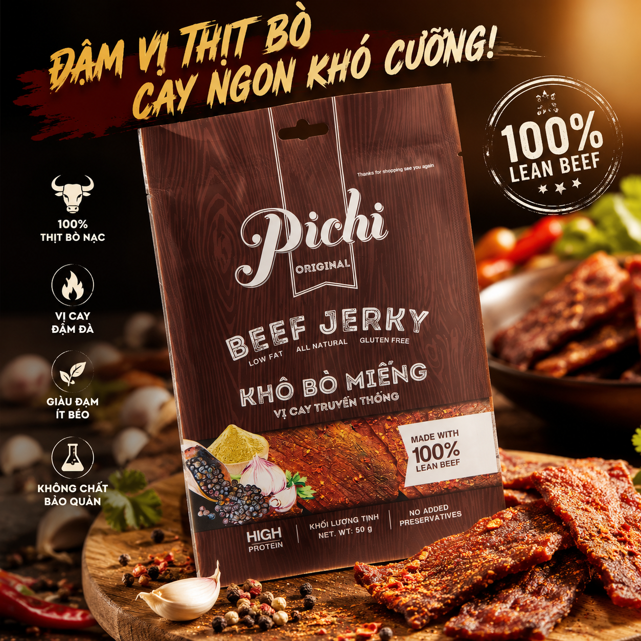 Pichi Khô bò miếng vị cay truyền thống - 50g